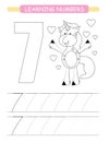 Funny children flashcard number seven. Unicorn with hearts learning to count and to write. Coloring printable worksheet for kinder Royalty Free Stock Photo